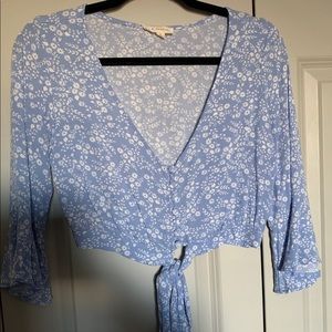 Pacsun Blue Floral Bell Sleeve Crop Top